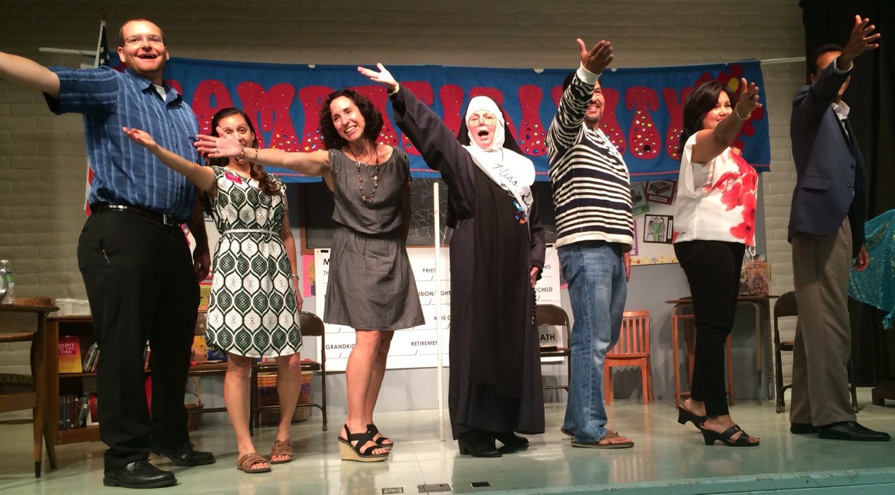 audience members onstage in Late Night Catechism